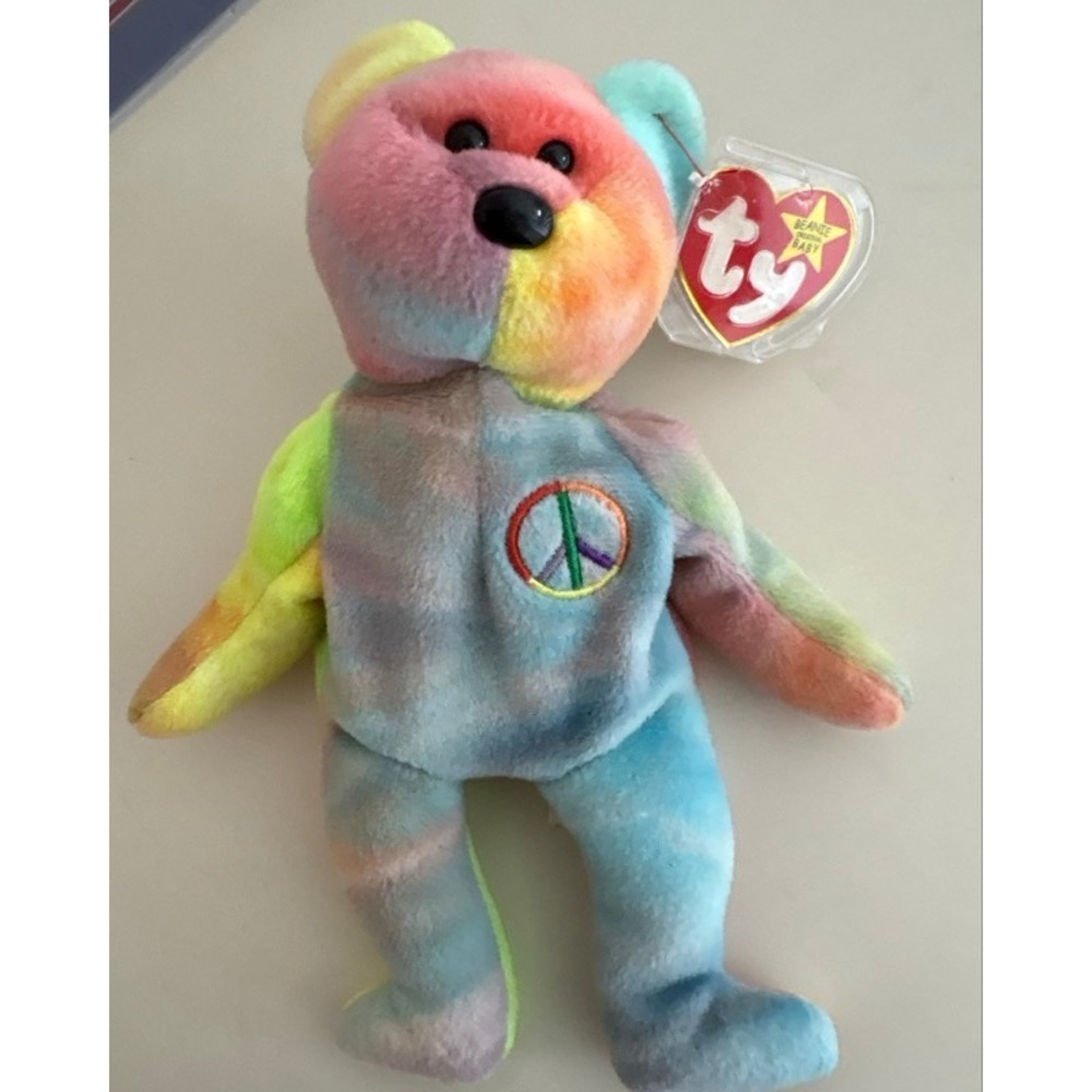 Ty Beanie Babies Peace Bear Tie Dye Rainbow Peace Sign Plush 1996 Retired 9 inch